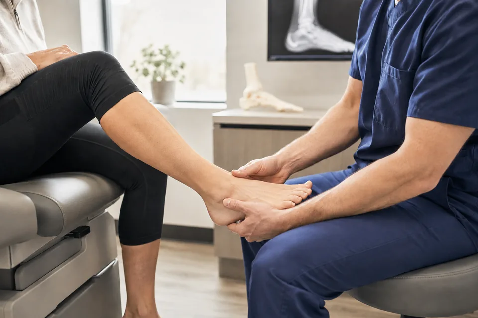Provider examining a patient's foot in an exam room